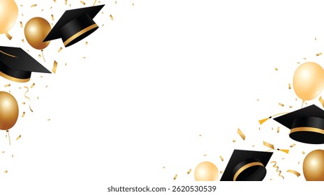 Graduation background with graduation caps, balloons and gold confetti. School and university graduation celebration frame design. Vector illustration
