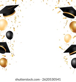 Graduation background with graduation caps, balloons and gold confetti. School and university graduation celebration frame design. Vector illustration
