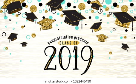 Graduation background class of 2019 with graduate cap, black and gold color, glitter dots on a white golden line striped backdrop. Hat thrown up. Vector illustration.