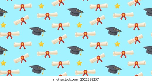 Plano de fundo de graduação com diplomas com fitas vermelhas e bonés de graduação pretos com estrelas douradas em um fundo azul claro. Para decorações de eventos comemorativos ou embrulho de presente para graduados.