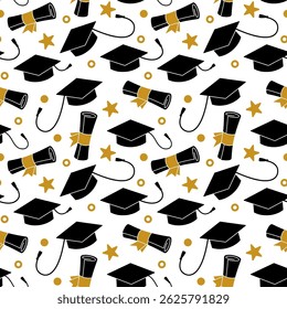 Graduation Background. Seamless pattern with graduation caps and scrolls. Vector Illustration