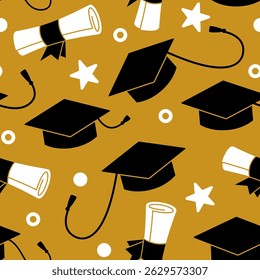 Graduation Background. Seamless pattern with graduation caps and scrolls. Vector Illustration