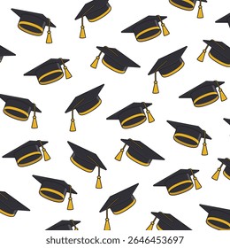 Graduation background, vector seamless pattern with flying shine graduate cap with tassel and on white background.