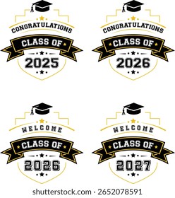 Graduation Badges Vector Set – Class of 2025, 2026, 2027 – Congrats and Welcome Emblems with Cap, Banner, and Stars. Editable graduation badge vector templates featuring Class of 2025, 2026, and 2027 