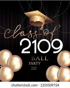 Graduation ball invitation card with gold deco objects. Vector illustration