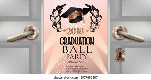 Graduation ball invitation card with opened doors. Vector illustration