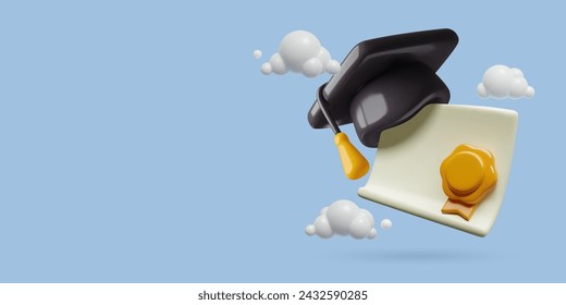 Fondo de renderizado 3d banner de graduación con tapa de cartón negro, diploma y roseta de oro volando en el cielo con nubes. Ilustración vectorial del concepto de sabiduría tridimensional y logro.
