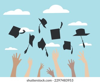 Graduation banner concept, on sky background hands toss graduate caps up