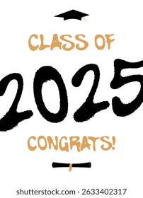 Graduation banner design for the Class Graf 2025 featuring a graduation cap and diploma. Hand-lettered brush style text reading "Congratulations Graduate" in a festive layout. Ideal for posters, cards