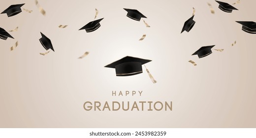 Graduation Banner mit fliegenden Abschlusskappen und Konfetti