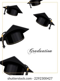 Graduation banner with flying graduation caps. Design for graduate diploma, awards. Education concept.Vector