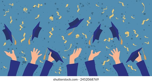 Graduation banner. Graduate students hands throwing  academic caps on blue background and confetti. Vector illustration.