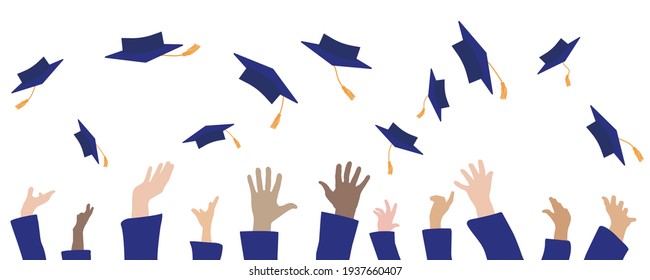 Graduation banner. Graduates hands throwing square academic caps or mortarboards. Vector illustration.