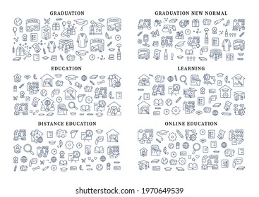 Graduation Banner Icons. New Normal, Education, Learning, Distance, Online Lesson. Template For Landing, Web Page, Layout.Party, Academic Career And Special Uniform Interface Idea With Icons