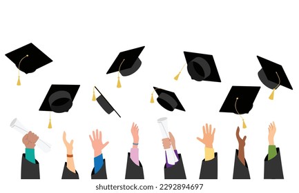 Graduation banner as learning concept. Hands of students university graduates lifting bonets in air holding diploma celebrating graduation vector illustration