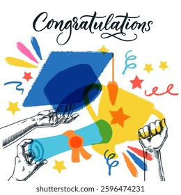 Graduation banner, poster, greeting card design template with diploma, mortarboard gold cup in human hands. Vector hand drawn sketch illustration. Education, learning, graduate celebration concept