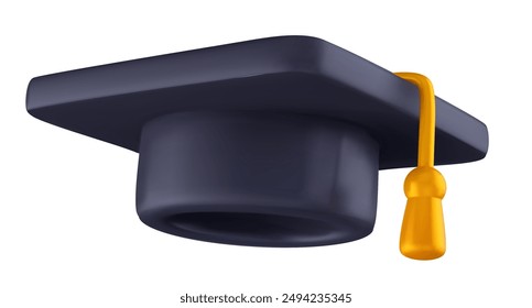 Graduation black cap of college or high school. Realistic 3d vector illustration. Education design element in cartoon minimal style.