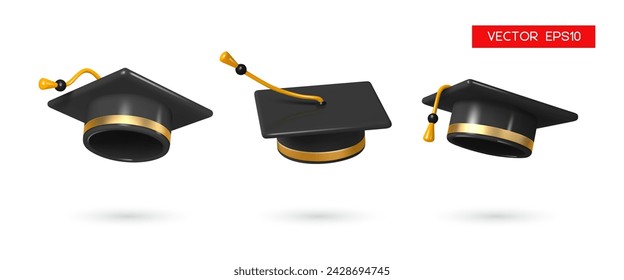 Graduation black caps. Education, degree ceremony concept. 3d render vector illustration.