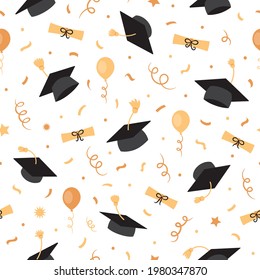 Graduation Black Caps With Tassels, Diplomas, Certificates, Balloons, Confetti, Seamless Pattern, Background, Wallpaper, Education.