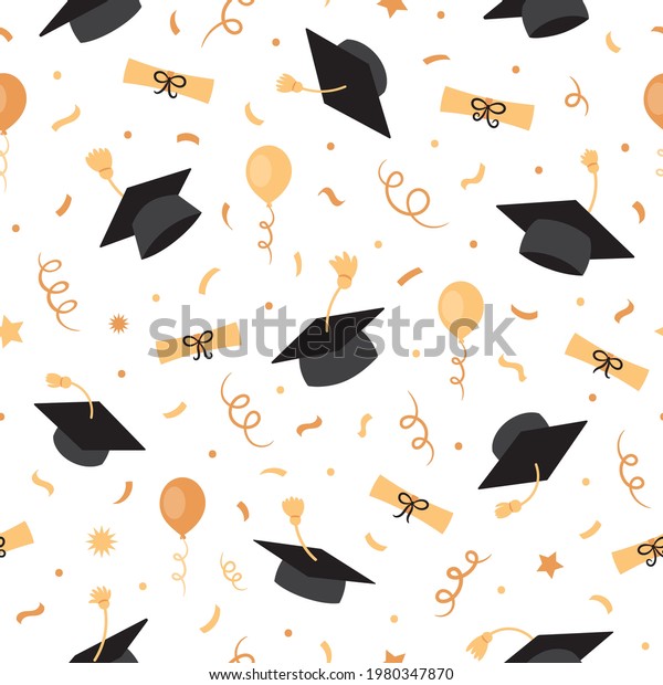 Graduation black caps with tassels, diplomas, certificates, balloons, confetti, seamless pattern, background, wallpaper, education.