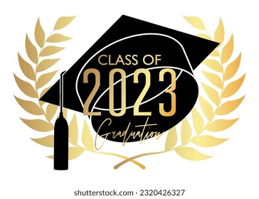 Diseño vectorial de oro y negro de graduación. Clase de 2023, plantilla de graduados de secundaria o universitarios. Texto para el evento de felicitación, fiesta, saludo, invitación, tarjeta, banner web, anuario.