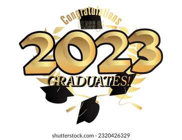 Graduation black and gold vector design. Class of 2023, golden high school or college graduate template. Text for congratulation event, party, greeting, invitation, card, web banner, yearbook.