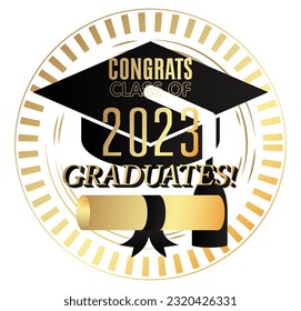 Graduation black and gold vector design. Class of 2023, golden high school or college graduate template. Text for congratulation event, party, greeting, invitation, card, web banner, yearbook.