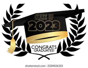 Diseño vectorial de oro y negro de graduación. Clase de 2023, plantilla de graduados de secundaria o universitarios. Texto para el evento de felicitación, fiesta, saludo, invitación, tarjeta, banner web, anuario.