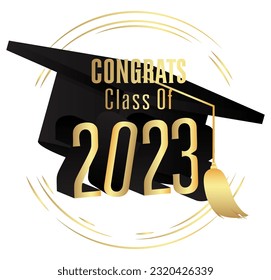 Graduation black and gold vector design. Class of 2023, golden high school or college graduate template. Text for congratulation event, party, greeting, invitation, card, web banner, yearbook.