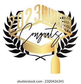 Graduation black and gold vector design. Class of 2023, golden high school or college graduate template. Text for congratulation event, party, greeting, invitation, card, web banner, yearbook.