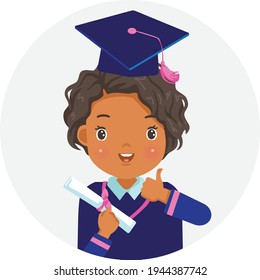 Graduation for black hair little girl . Graduates get a diploma. Graduation gown uniform. Cute little girl  with black hair boy and black eyes.
