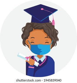 Graduation for black hair little girl mask. Graduates get a diploma. Graduation gown uniform. Cute little girl  with black hair boy and black eyes.