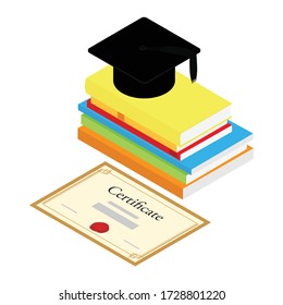 Graduation black hat on book stack and certificate isometric view. Vector. Isolated on white background