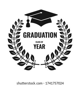 Graduation black logo isolated on white background. University mortarboard. Badge for banner, poster or flyer. Congratulation graduation party. Flat vector education symbol.