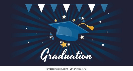 Graduation blue background with graduation cap, stars, confetti, pennant garland. For a ceremony congratulating graduates of high school, university or college.