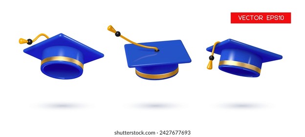 Gorras azules de graduación. Educación, concepto de ceremonia de grado. Ilustración vectorial de renderizado 3d.