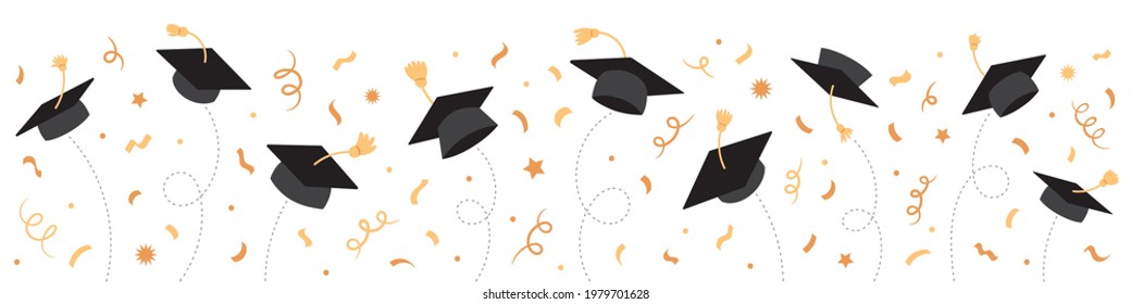 Graduation Border With Black Graduate Caps And Gold Confetti, Ribbon. University, College School Education Vector Background.