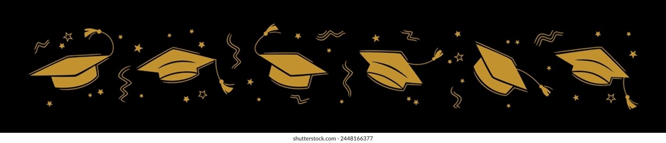 Graduation border with the square academic cap high into the air on white background. Graduate hats in the air gold confetti. Flat vector illustration on the black. Grad party horizontal poster