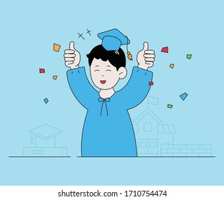 Graduation Boy illustration set. Celebration, Kid, School, bachelor's cap Vector drawing. Hand drawn style.
