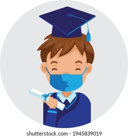 Graduation for brown hair boy mask. Graduates get a diploma. Graduation gown uniform. Cute boy with brown hair and brown eyes.