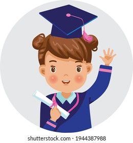 Graduation for brown hair little girl. Graduates get a diploma. Graduation gown uniform. Cute little girl with brown hair and brown eyes.