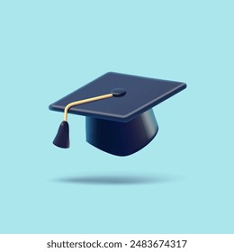 Graduation cap, 3D. For higher education, graduation ceremony, goal achievement concepts. Minimalist icon for education and educational institutions. Vector