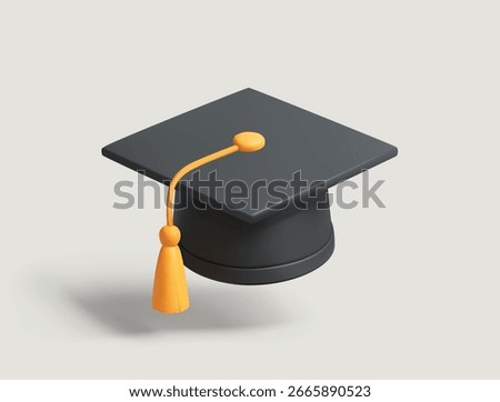 Graduation Cap 3D Icon. Black Mortarboard with Yellow Tassel isolated 3d vector Illustration