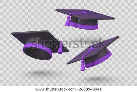 Graduation Cap 3D Icon Set in Cartoon Style – Black Academic Hats with Purple Trim and Tassels for School, College, and University Ceremony Designs. Vector Illustration.