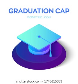 Graduation cap. 3D isometric Student hat icon isolated on white background for learning and academic study concept. E-learning and Education infographic template design. Vector illustration.