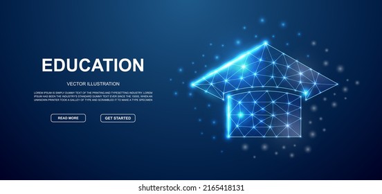 Graduation cap 3d low poly symbol with connected dots for blue landing page. E-learning design illustration concept. Polygonal Education illustration