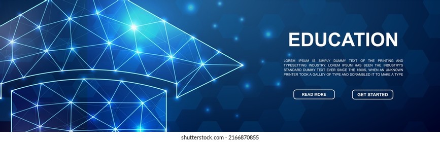 Graduation cap 3d low poly symbol for head promotion banner. Learning design illustration concept. Horizontal polygonal Education poster illustration