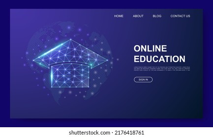 Graduation cap 3d low poly website template. E-learning design illustration concept. Polygonal Online learning symbol for landing page