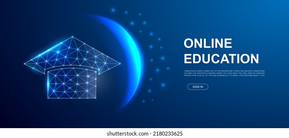 Graduation cap 3d polygonal symbol for website template. Low poly Education illustration for homepage design. E-learning design illustration concept.
