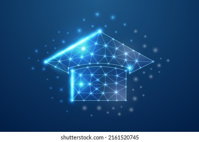Símbolo del tapón de graduación 3d con estilo de poli azul bajo. E-learning, diseño de aprendizaje en línea, ilustración vectorial de concepto. Curso de educación con estructura de alambre poligonal.